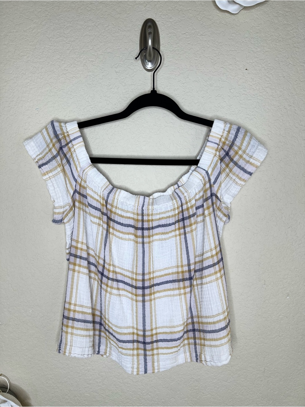 NTM: Anthropologie Cloth & Stone Plaid Off Shoulder Cotton Gauze Top Large Boho